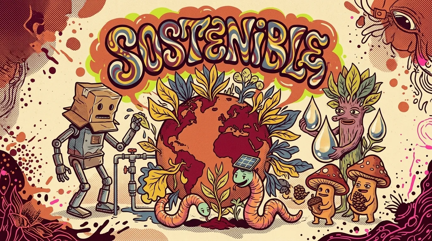 Cartel ilustrativo psicodélico CS: globo central con hojas creciendo rodeado de monstruos surrealistas (robot-cartón, gusano con panel solar, plant-headed beings), lettering SOSTENIBLE en estilo Wes Wilson, paleta saturada y halftone marcado