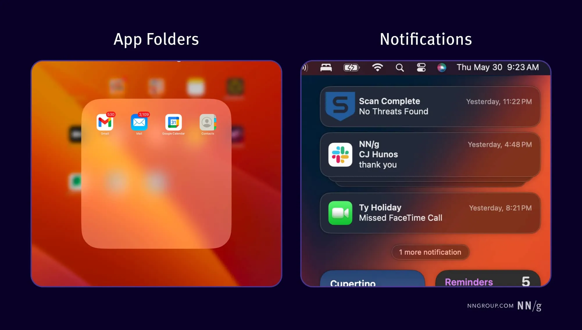Ejemplos de glassmorphism nativo en plataformas Apple: folders translúcidos en iPadOS y panel de notificaciones macOS, ambos sobre fondos coloridos