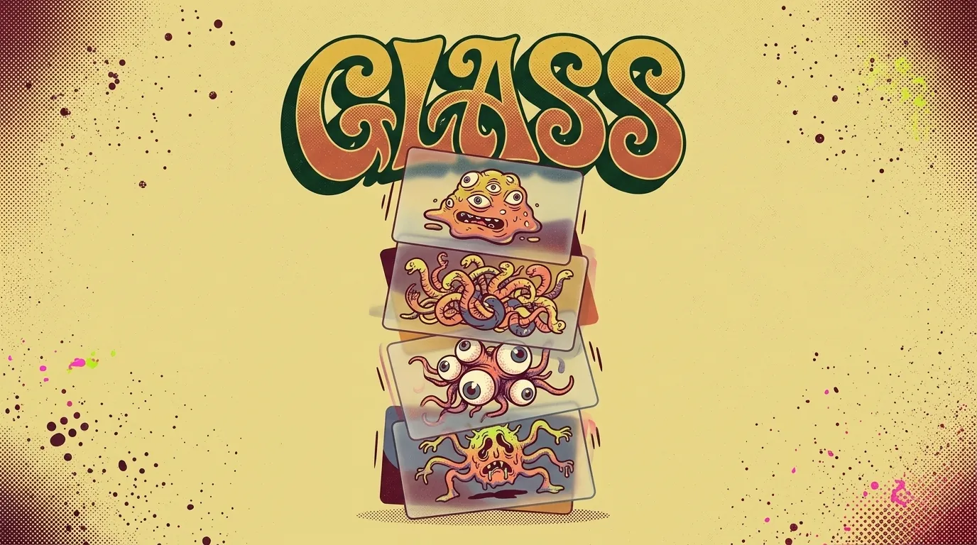 Cartel ilustrativo psicodélico CS: torre precaria de cards traslúcidas glassmorphism con criaturas surrealistas tratando de escapar de cada una, lettering GLASS en Wes Wilson, paleta saturada