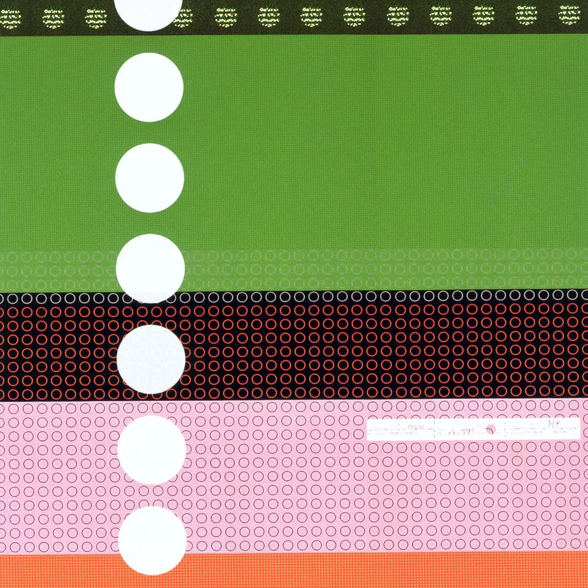 Tejido Repeat de Hella Jongerius para Maharam (2002): patrón con franjas horizontales saturadas (verde, granate, rosa, naranja) atravesadas por columna de círculos blancos, halftone marcado