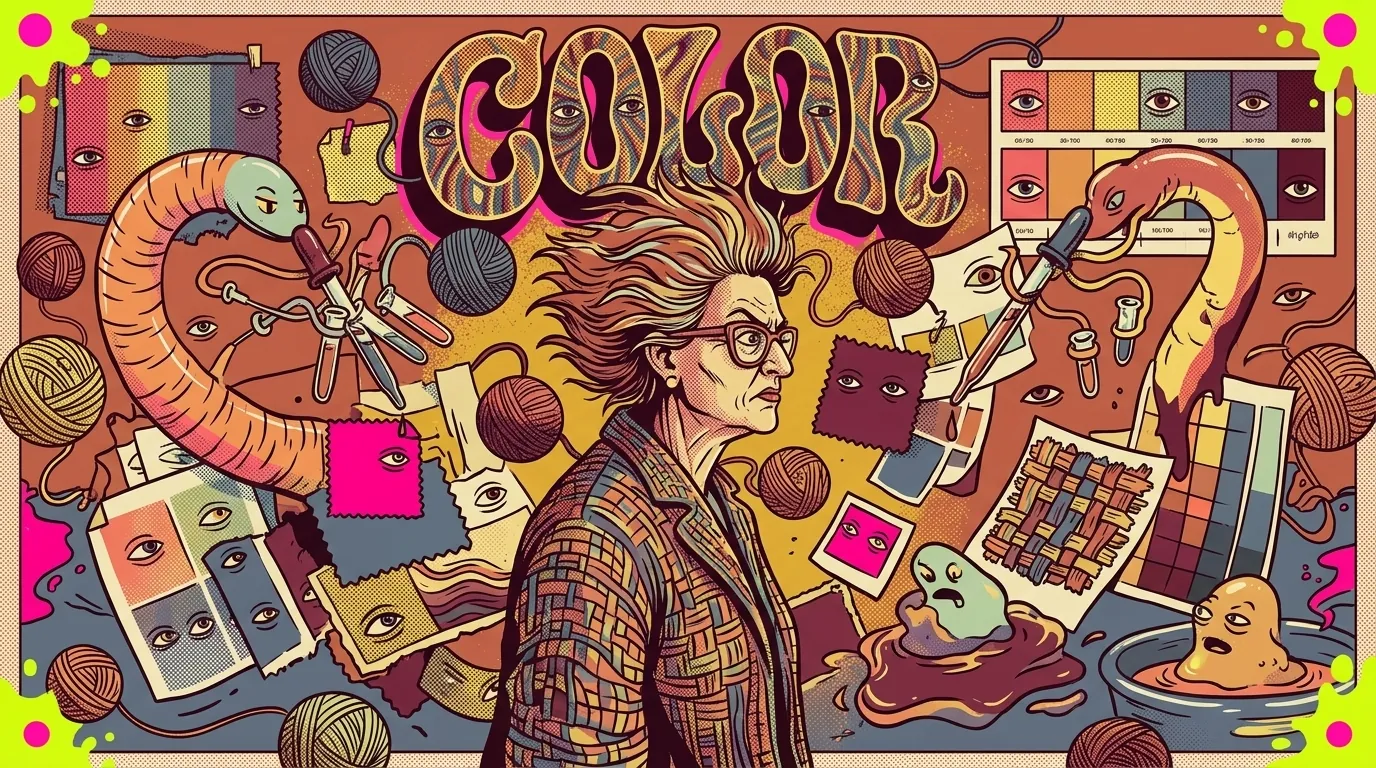 Cartel ilustrativo psicodélico CS: diseñadora central rodeada de hilos, swatches con ojos, telares vivos y monstruos textiles, lettering COLOR en Wes Wilson, paleta saturada que celebra la combinación inesperada