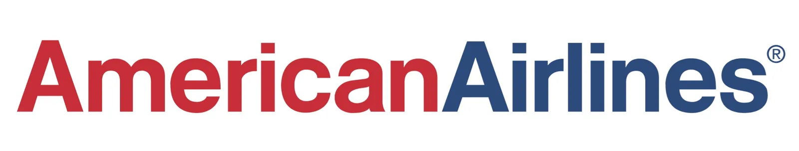 Logotipo American Airlines diseñado por Vignelli: la palabra AmericanAirlines en Helvetica con la primera mitad en rojo y la segunda en azul, sobre fondo blanco