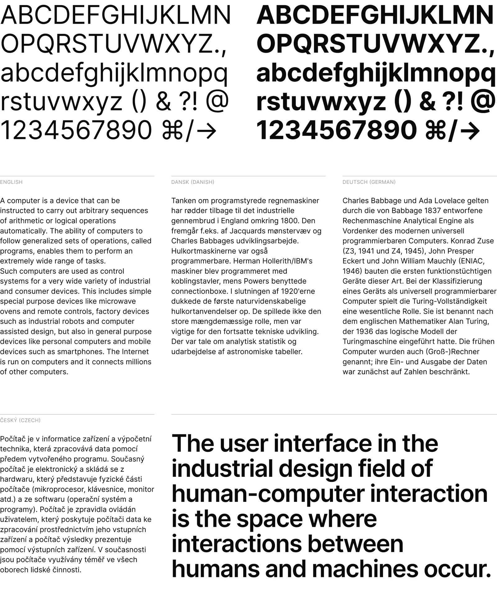 Specimen oficial de la tipografía Inter: muestrario de glifos en Display y Text bold, ejemplos multilingües y bloque de texto display sobre interfaz de usuario en interacción humano-máquina
