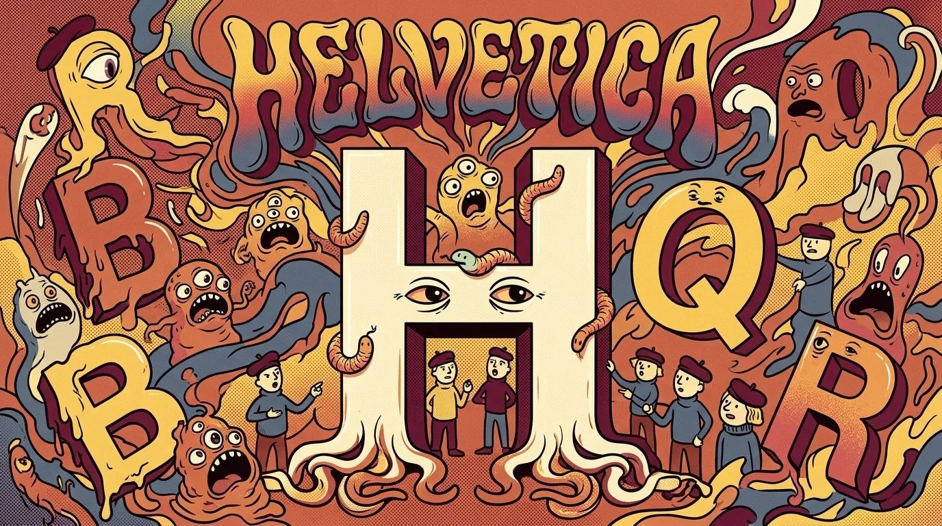 Cartel ilustrativo psicodélico CS: enorme letra H central viva con ojos en el crossbar y planos rotos, B/Q/R laterales gritando entre llamas, lettering HELVETICA paradójicamente deformado, monstruos diversos alrededor