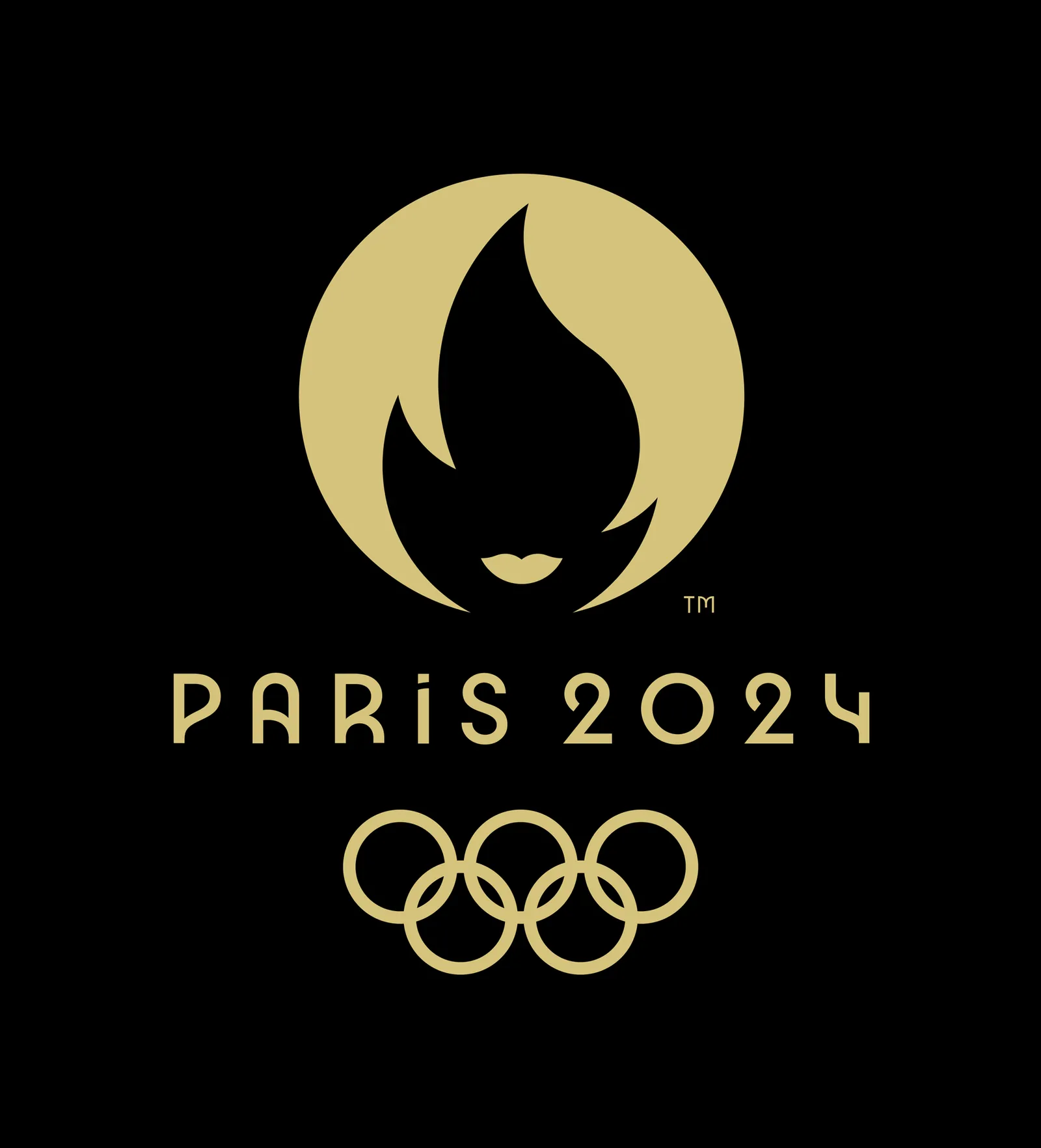 Emblema oficial Paris 2024 sobre fondo negro: silueta dorada de Marianne con antorcha integrada en el cabello y medalla circular como base, debajo lockup tipográfico Art Deco PARIS 2024 con los anillos olímpicos