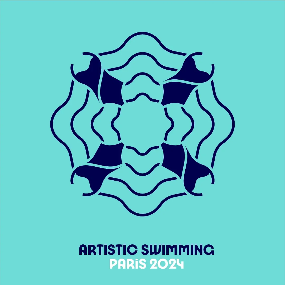 Pictograma de Natación Artística Paris 2024: composición de simetría axial sobre fondo turquesa con formas geométricas azul marino que sugieren ondas de agua y figuras de nadadoras estilizadas, etiqueta tipográfica Art Deco abajo
