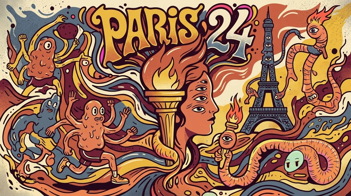 Cartel ilustrativo psicodélico CS: antorcha olímpica morphing en figura central, criaturas sport-monstruo (atletas con extra brazos, gusano portador de antorcha), Torre Eiffel como criatura larga al fondo, lettering PARIS 24 en Wes Wilson