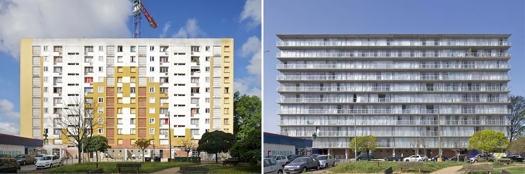 Comparativa antes/después del Grand Parc Bordeaux: a la izquierda el bloque original de los años sesenta con fachadas de hormigón blanco y amarillo y ventanas pequeñas; a la derecha el mismo bloque tras la intervención, con jardines de invierno acristalados y balcones profundos de cuatro metros añadidos a toda la fachada