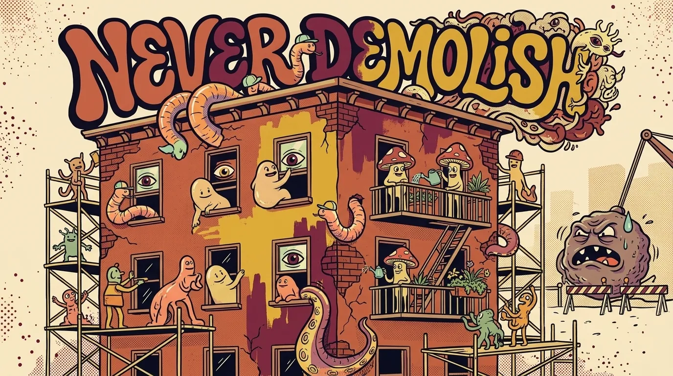 Cartel ilustrativo psicodélico CS: edificio residencial existente cuidado por monstruos cariñosos (gusanos pintando parches, blobs añadiendo ventanas, mushroom-headed regando plantas), bola de demolición como criatura frustrada en una esquina, lettering NEVER DEMOLISH en Wes Wilson