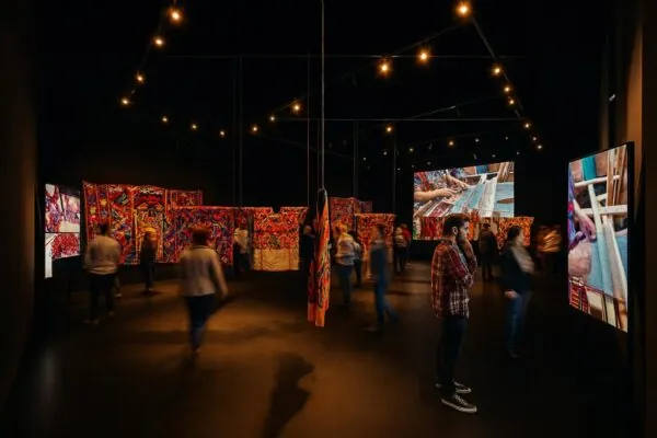 Sala de la exposición Arte textil en Guatemala: paneles colgantes con huipiles de colores saturados (rojos, naranjas, magentas) suspendidos del techo con guirnaldas de bombillas, visitantes recorriendo el espacio en penumbra