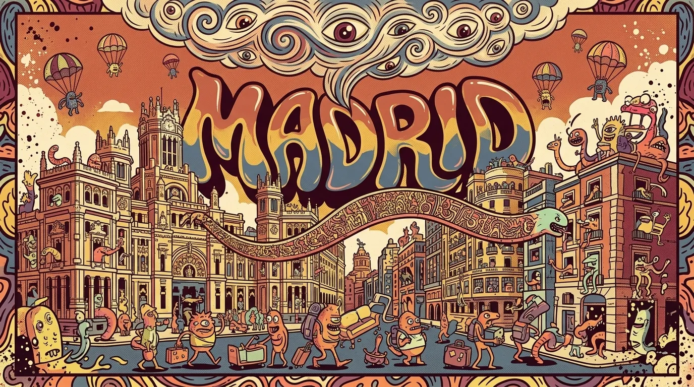 Cartel ilustrativo psicodélico CS: cityscape Madrid con edificios icónicos (Cibeles, Gran Vía) transformados, criaturas saliendo de cada ventana, gusano-banner cruzando, monstruos cargando maletas de objetos diseño, lettering MADRID en Wes Wilson