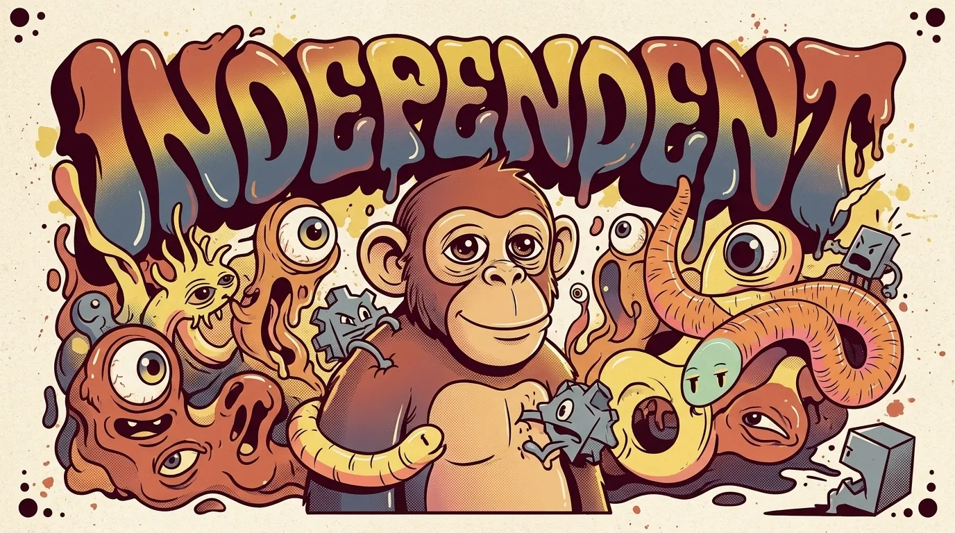 Cartel ilustrativo psicodélico CS: chimpancé central confiado (mascota), mini-TVs corporativas grises tratando de absorberlo sin éxito, blobs amigos alrededor, lettering INDEPENDENT en Wes Wilson, paleta saturada