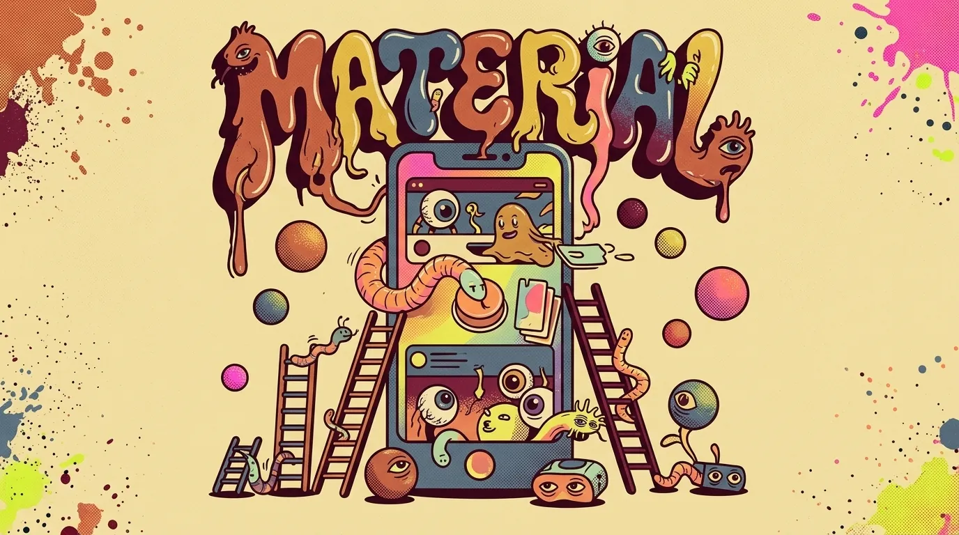 Cartel ilustrativo psicodélico CS: smartphone-criatura central con pantalla viva de mini-criaturas interactuando con UI, color tokens flotando como orbes, escaleras de tipografía, lettering MATERIAL en Wes Wilson