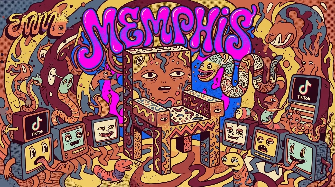Cartel ilustrativo psicodélico CS: silla-criatura Sottsass-style con squiggles y zigzags Memphis al centro, criaturas en patrones 80s bailando sobre TikTok-screen-monsters, lettering MEMPHIS en Wes Wilson, paleta fluor pink + electric blue
