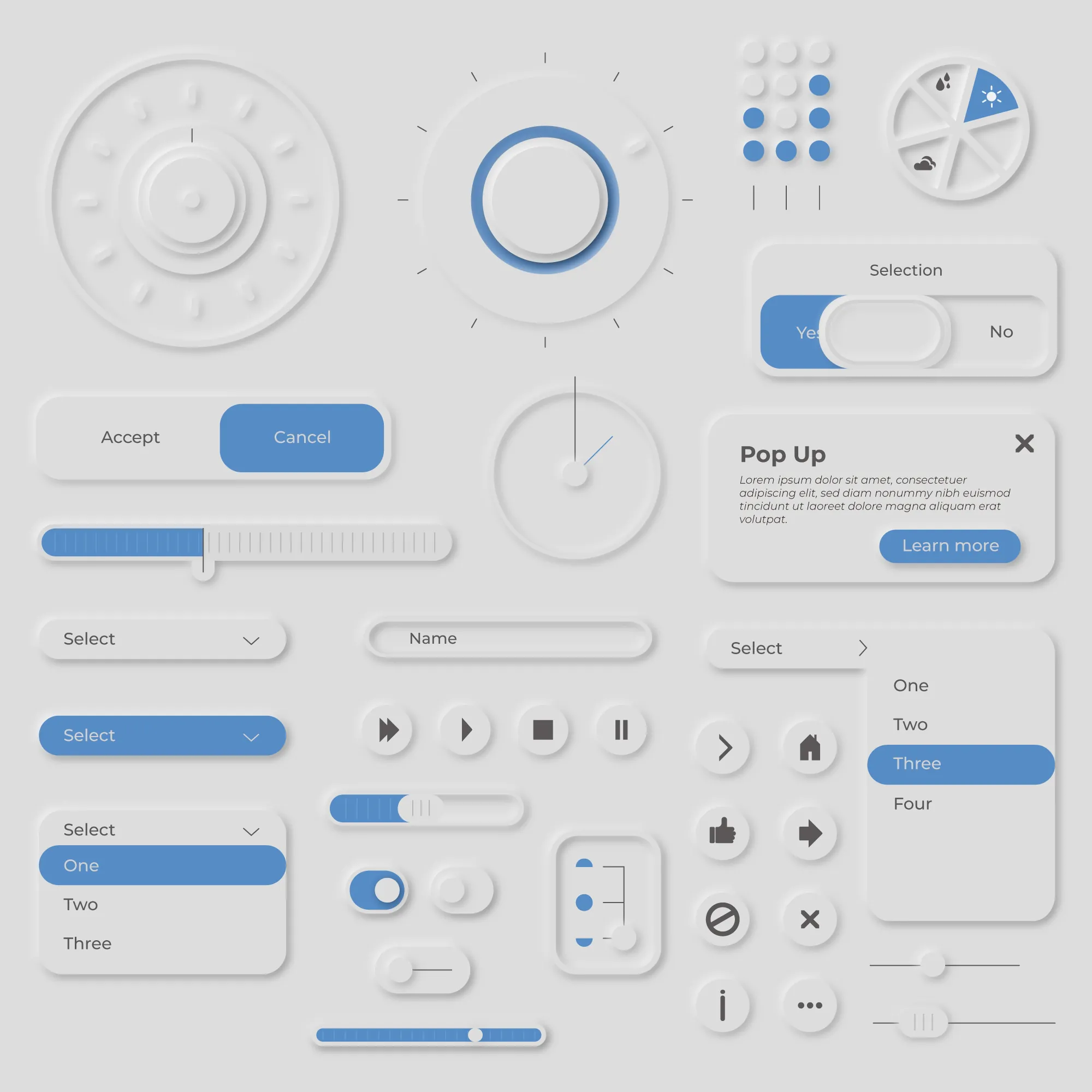 Examples of neumorphism, UI con sombras dual extruded/inset