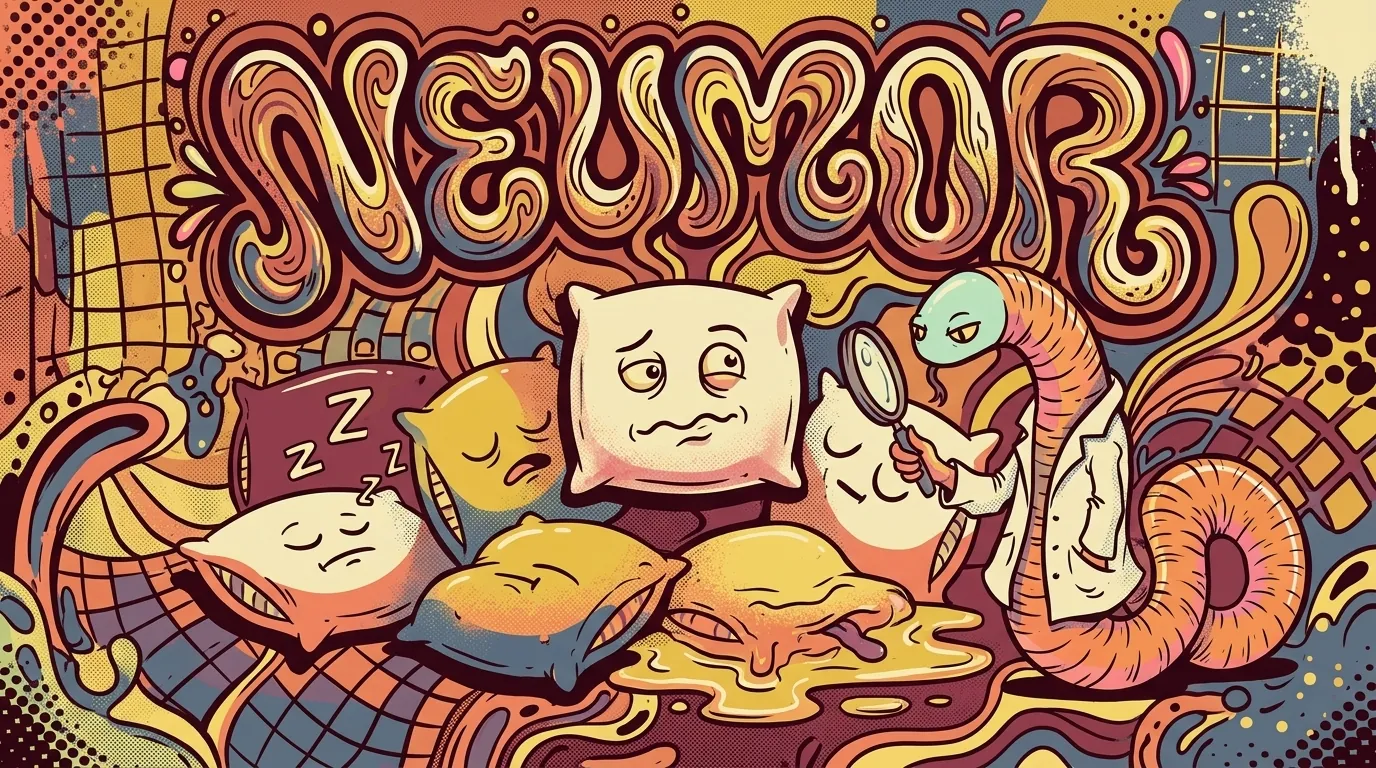 Cartel ilustrativo psicodélico CS: botón pillow-monster central con cara confusa, alrededor pillow-monsters en estados de obsolescencia (deflándose, derritiéndose, dormidos), un científico-gusano examinándolos, lettering NEU/NEUMOR en Wes Wilson