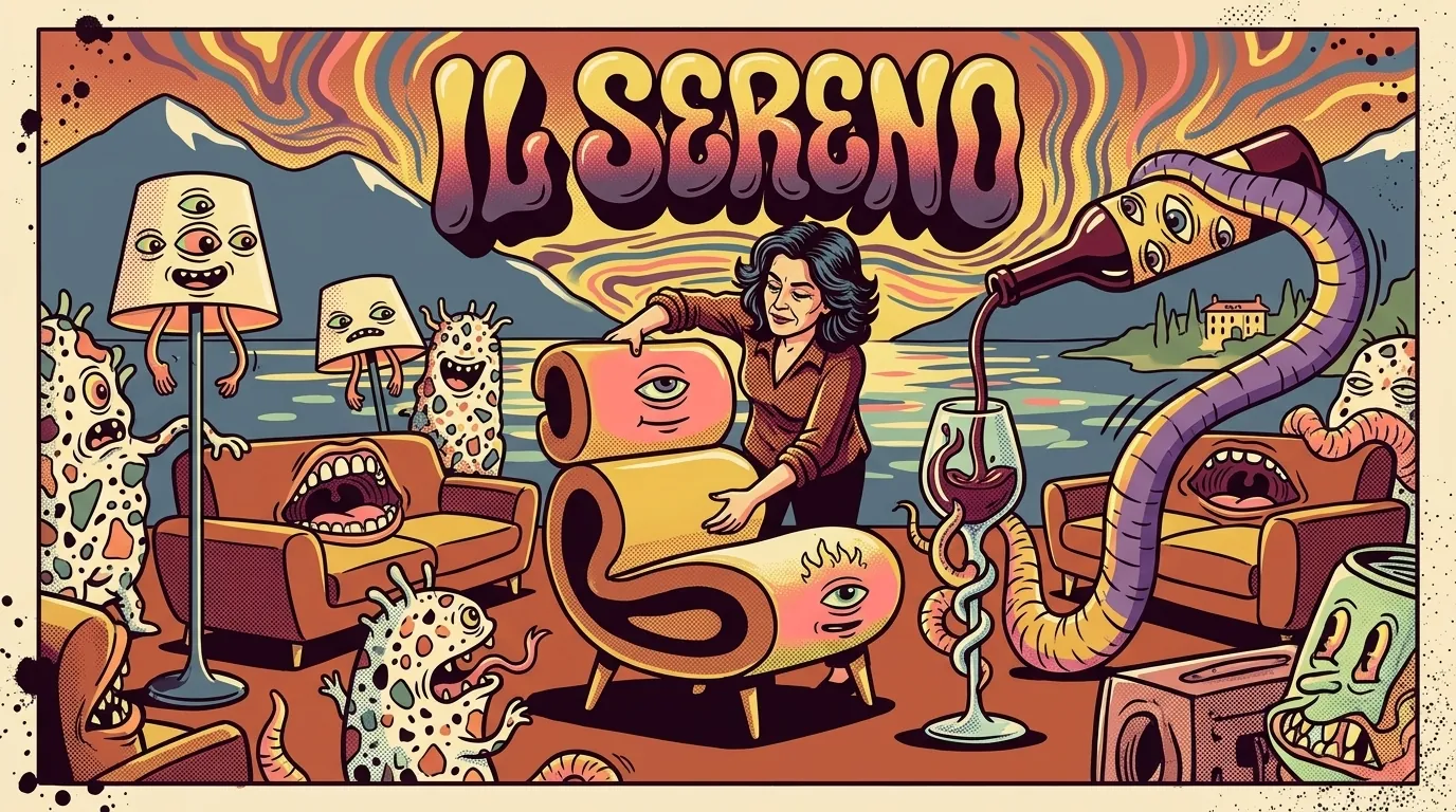 Cartel ilustrativo psicodélico CS: silla-criatura con curvas Urquiola al centro siendo arreglada por diseñadora ilustrada, lámparas con ojos, sofás con bocas, terrazzo-monsters, lago al fondo, lettering IL SERENO en Wes Wilson