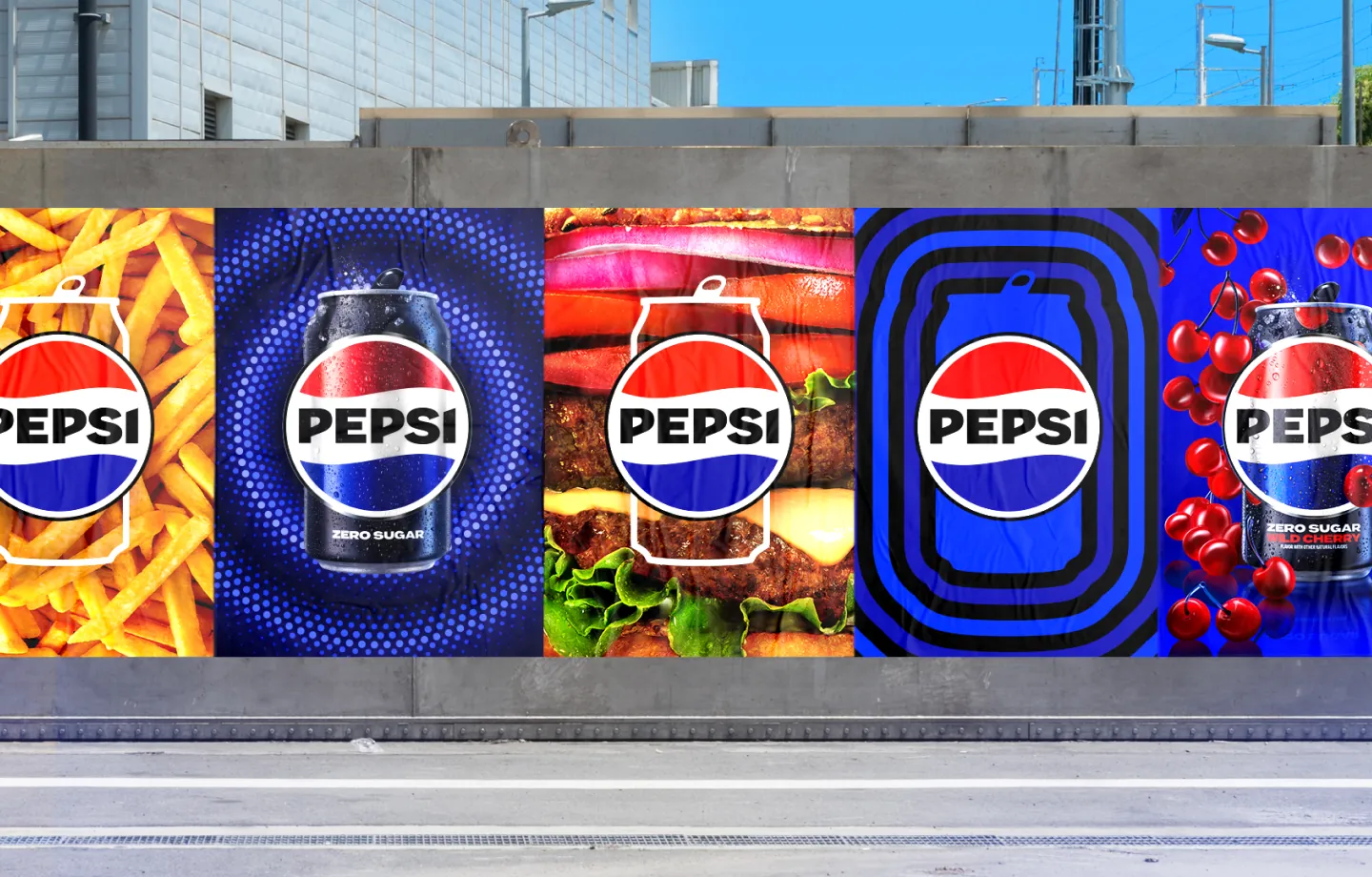 Vallas publicitarias urbanas con cinco piezas del rebrand Pepsi 2023: latas sobre fondos halftone azul saturado y composiciones food photography con hamburguesa, patatas fritas y cerezas, todas con el globo restaurado al centro