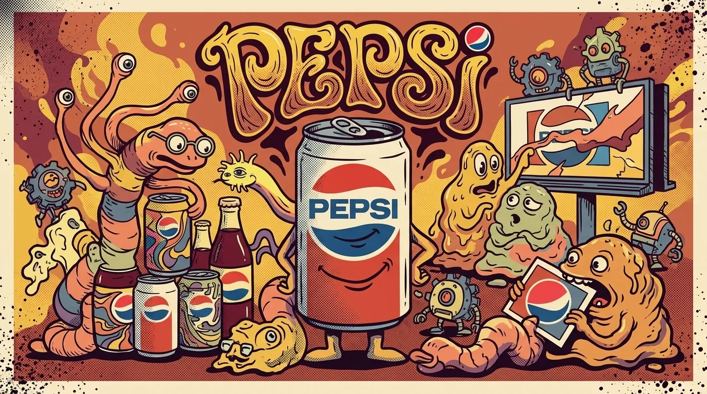 Cartel ilustrativo psicodélico CS: lata Pepsi central confiada con el logo nuevo como cara, blobs y multi-eyes examinando aplicaciones de marca, mini-corporate-cogs intentando ignorarse, lettering PEPSI en Wes Wilson, paleta rojo+azul+blanco saturada