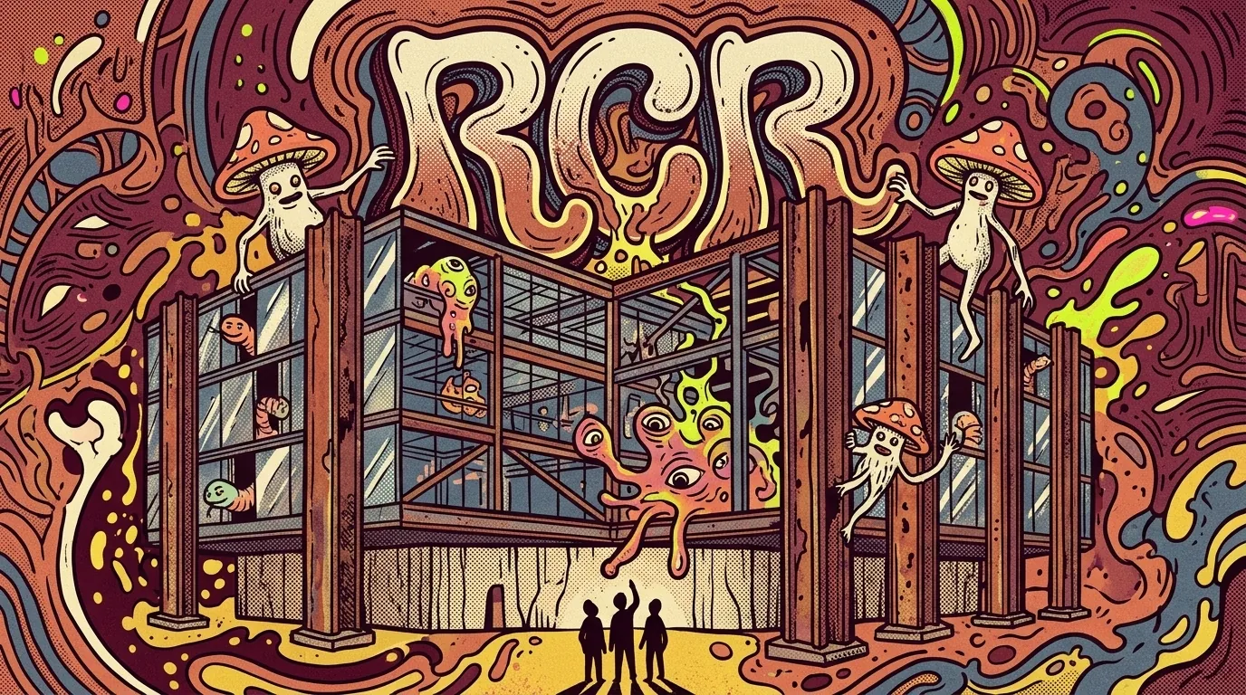 Cartel ilustrativo psicodélico CS: edificio acero corten + cristal central (lenguaje RCR), gusanos peering desde ventanas ocultas, blobs flotando en atriums de acero, mushroom-headed climbing rusted columns, tres siluetas pequeñas (Aranda Pigem Vilalta), lettering RCR en Wes Wilson