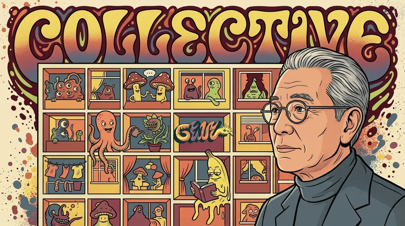 Cartel ilustrativo psicodélico CS: arquitecto japonés ilustrado prominente (gafas, expresión contemplativa) junto a edificio residencial cuyas ventanas habitan monstruos surrealistas (gusanos, blobs, mushroom-heads), lettering COLLECTIVE en Wes Wilson, paleta saturada