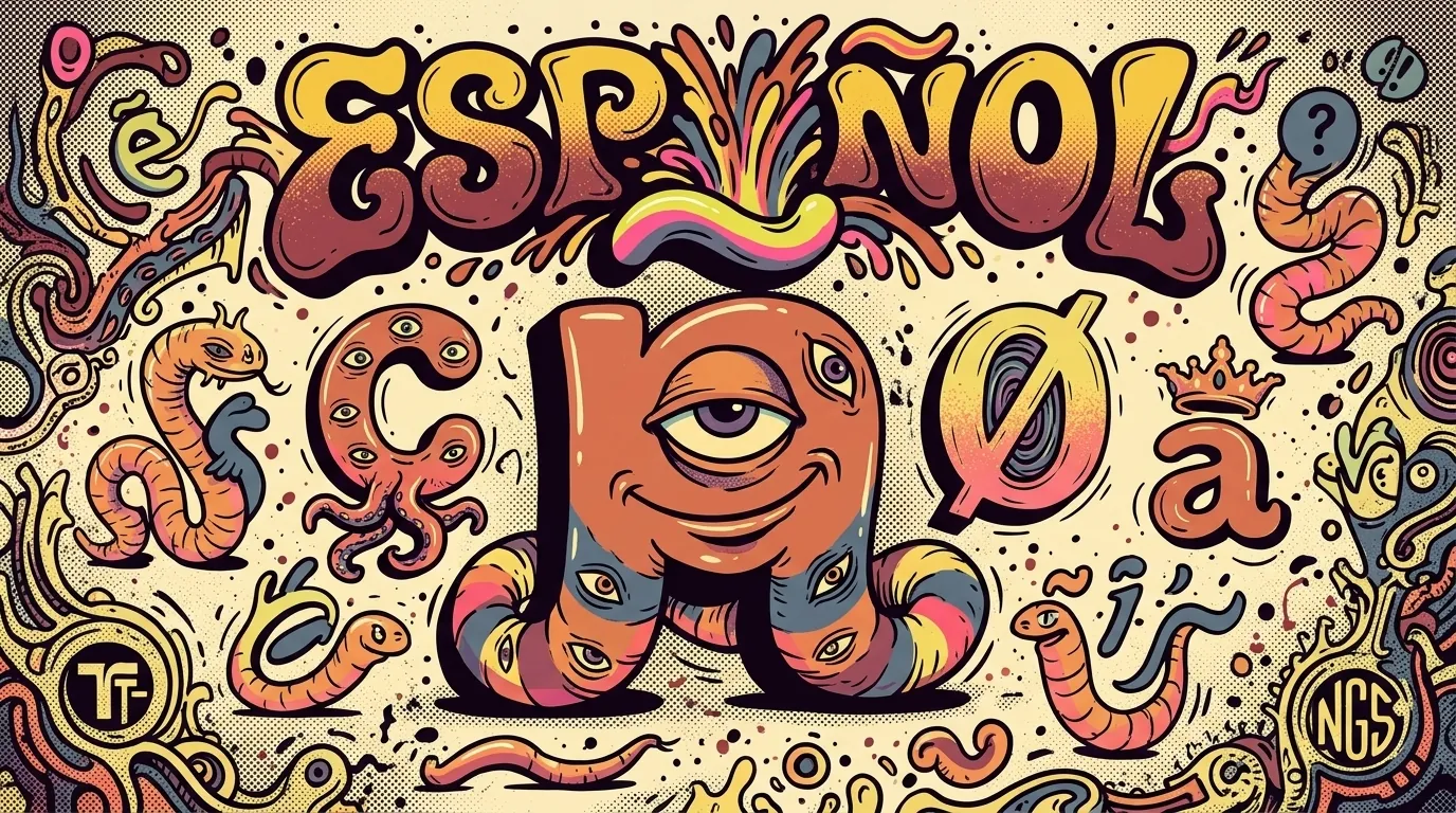 Cartel ilustrativo psicodélico CS: gigante letra ñ con ojos y sonrisa al centro, criaturas-letras laterales (ç con tentáculos, ø como portal, á con corona), gusanos cargando glifos tipográficos, lettering ESPAÑOL en Wes Wilson
